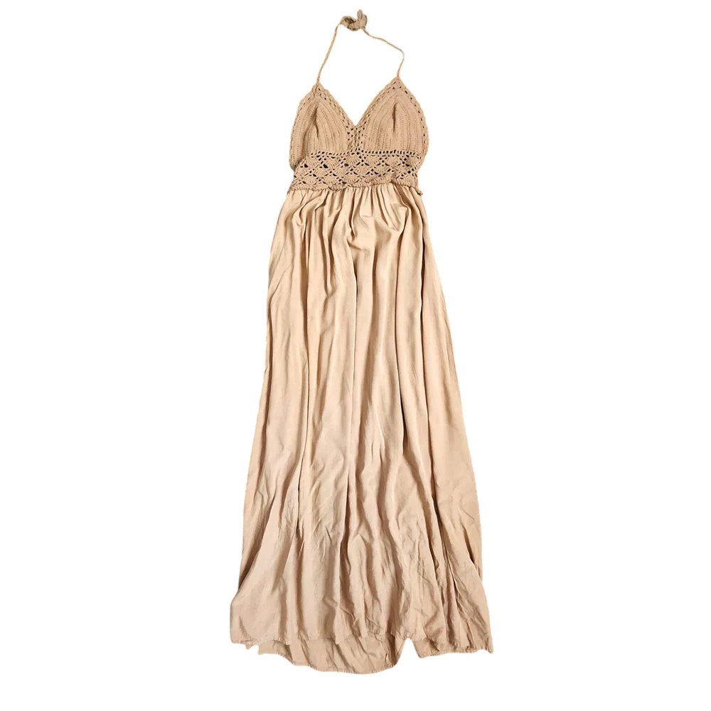 LIL BETTER crochet cottagecore boho resortwear Tan Maxi Dress‎ M